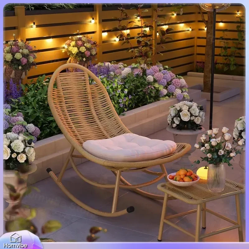 Rattan Reclining Chair Outdoor Balcony Lounge Furniture Woven Rocking Sofa Dual Purpose Sitting Sleeping Lazy Beach Garden