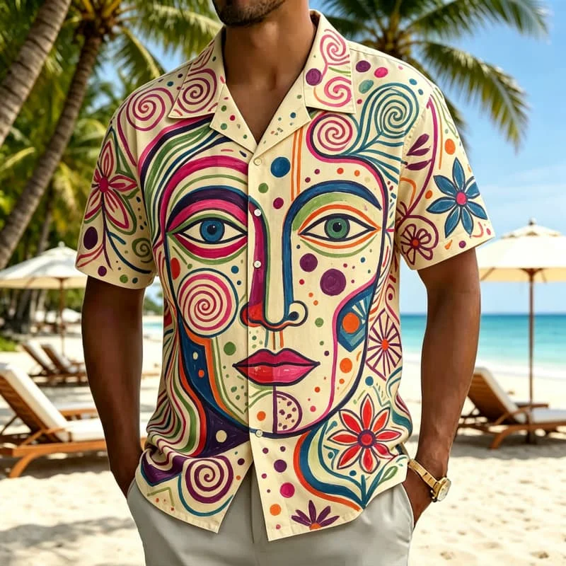 Men's tribal abstract art printed Hawaiian shirt, suitable for summer activities, outdoor travel, casual styling, and daily wear