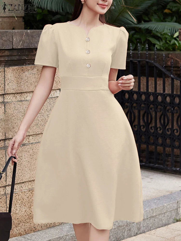 ZANZEA-Vestidos Midi elegantes de cintura alta para mujer, moda con cuello en V, manga corta, corte en A, para oficina y ir al trabajo
