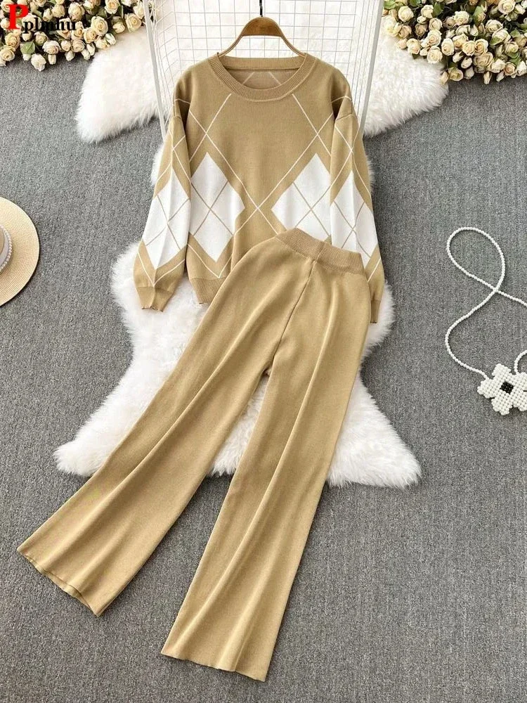 

Knit Spring 2Piece Sets Plaid Pullovers Tracksuit High Waist Ankle Length Wide Leg Pant Suits Soft Korean Woman Conjuntos L321