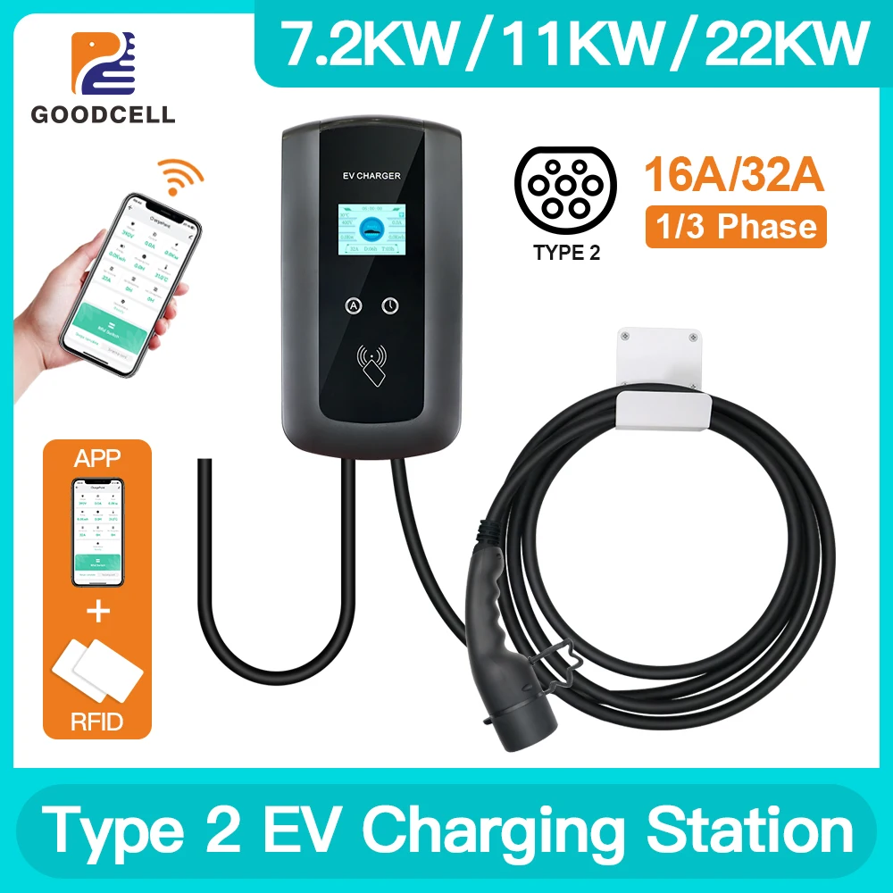 Goodcell Type2 EV Charger Plug EVSE Wallbox 32A 7KW IEC62196-2 1 Phase 22KW Wallmount Charging Station for Electric Car