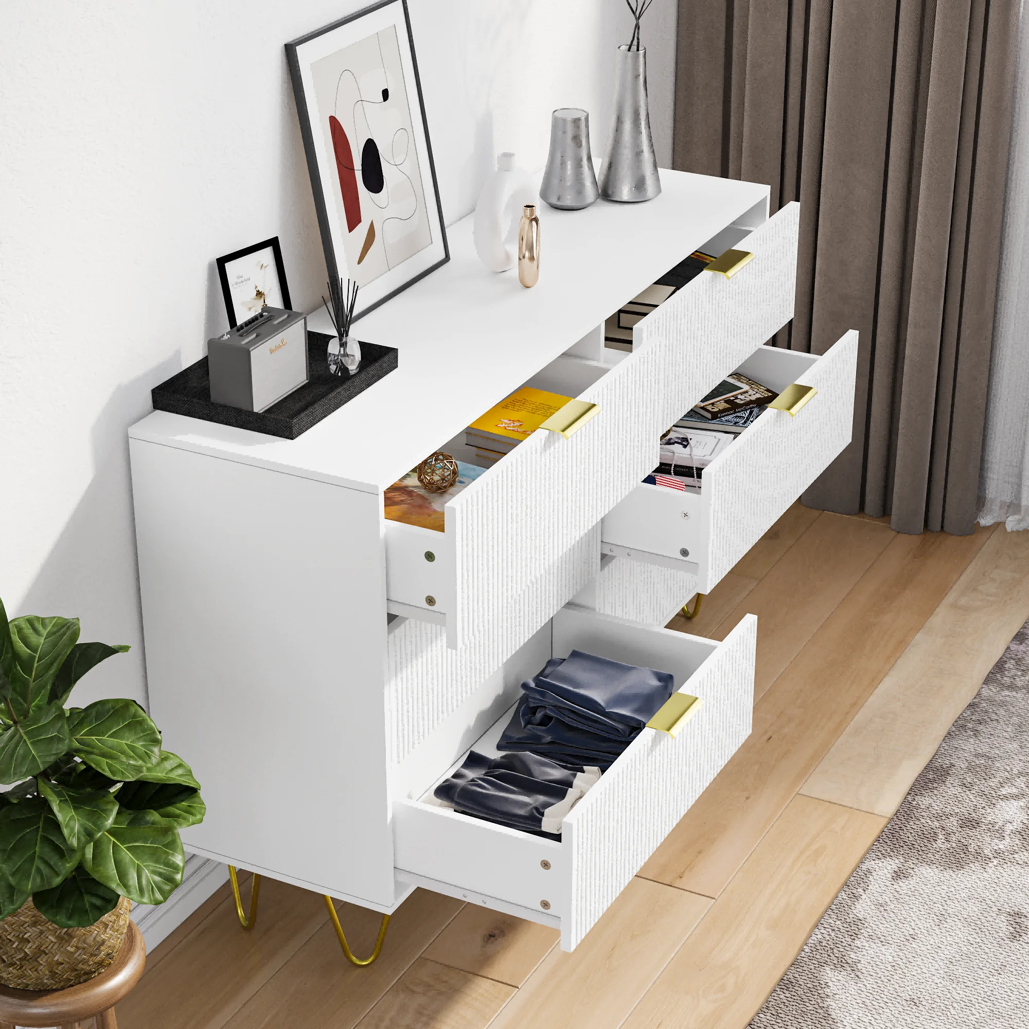 

Modern white 6 Drawers for Bedroom,Big Size Wide Chest of Drawers with Gold Handles, Wood Double Dresser Storage Cabinet for Liv