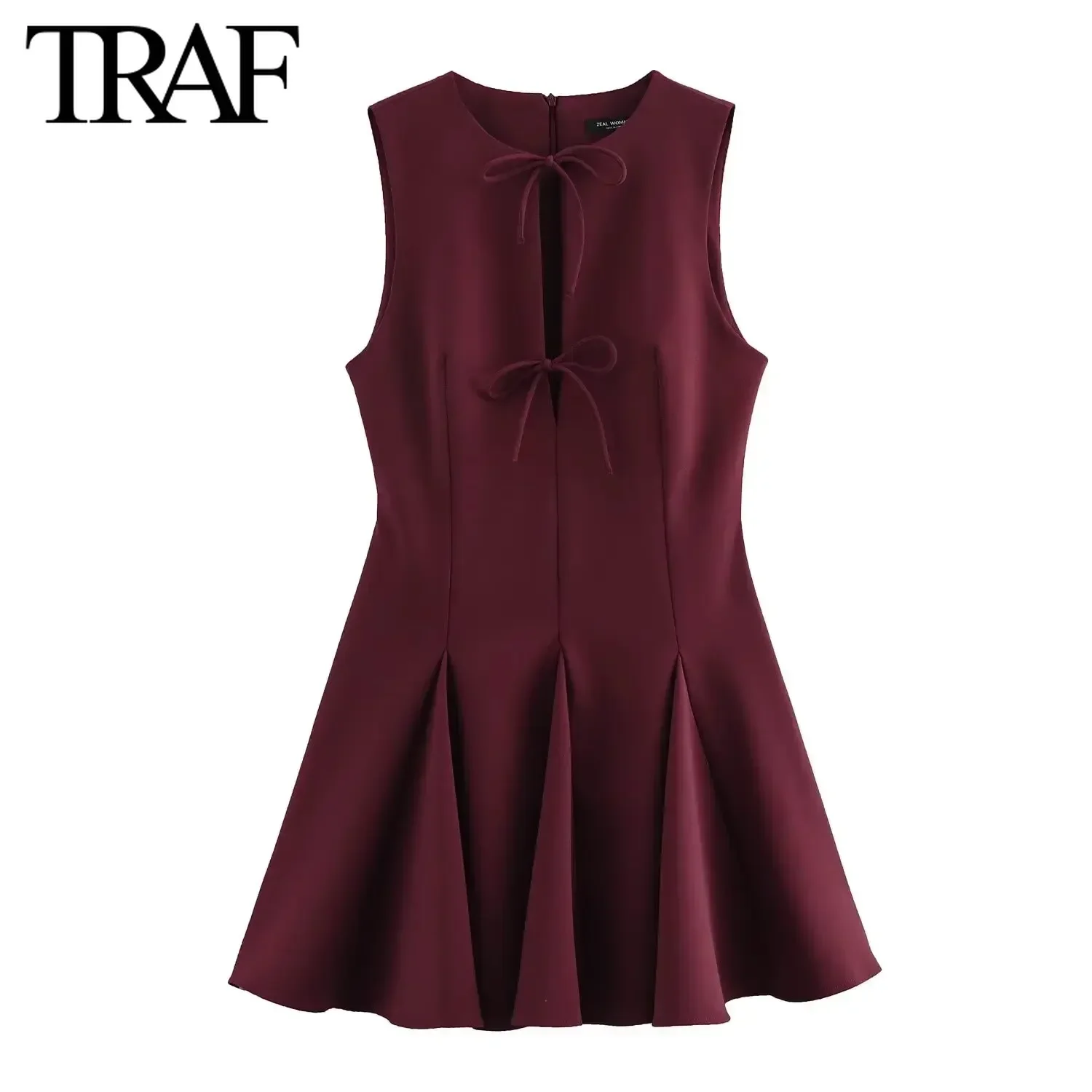 TRAF Dress for Women Fashion Autumn Winter New Solid Wave Wide Bow Back Zip Vest Dresses French Chic Female Evening Clothing