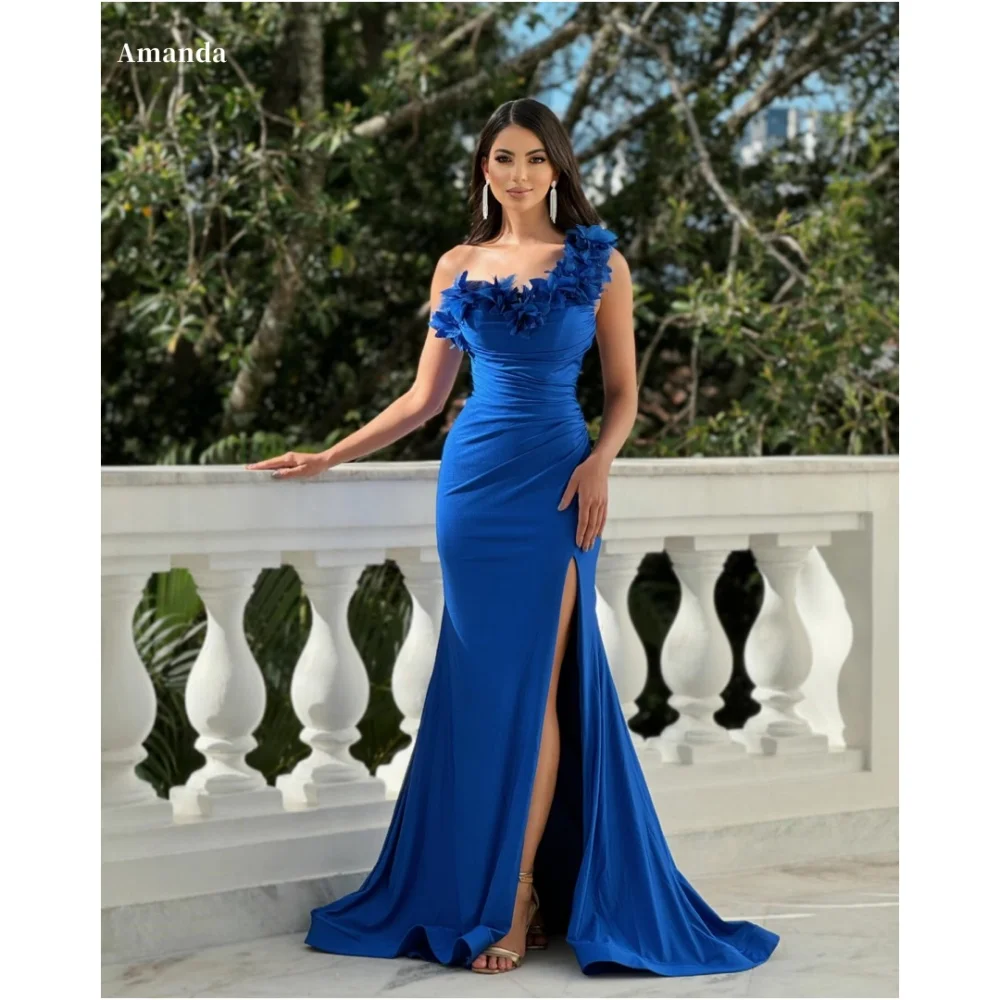 

Amanda Customized Blue Mermaid One Shoulder Chiffon Prom Dresses Floor-Length vestidos de noche Side Slit Evening Dress 2025