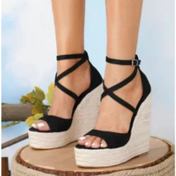 Letnie buty dla kobiet Sandały Platforma Czółenka Flock 16CM Kliny Letnia klamra Pasek Lina konopna Krzyż Klamra Buty damskie na obcasie