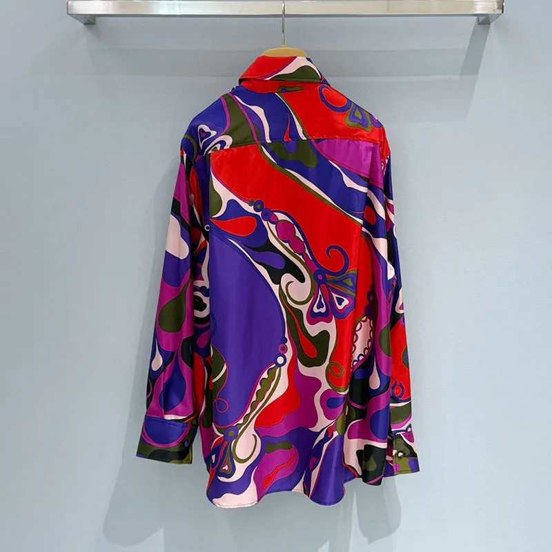 

2026 100% Silk Women's Single-Breasted Geometric Print Casual Top/Shirt