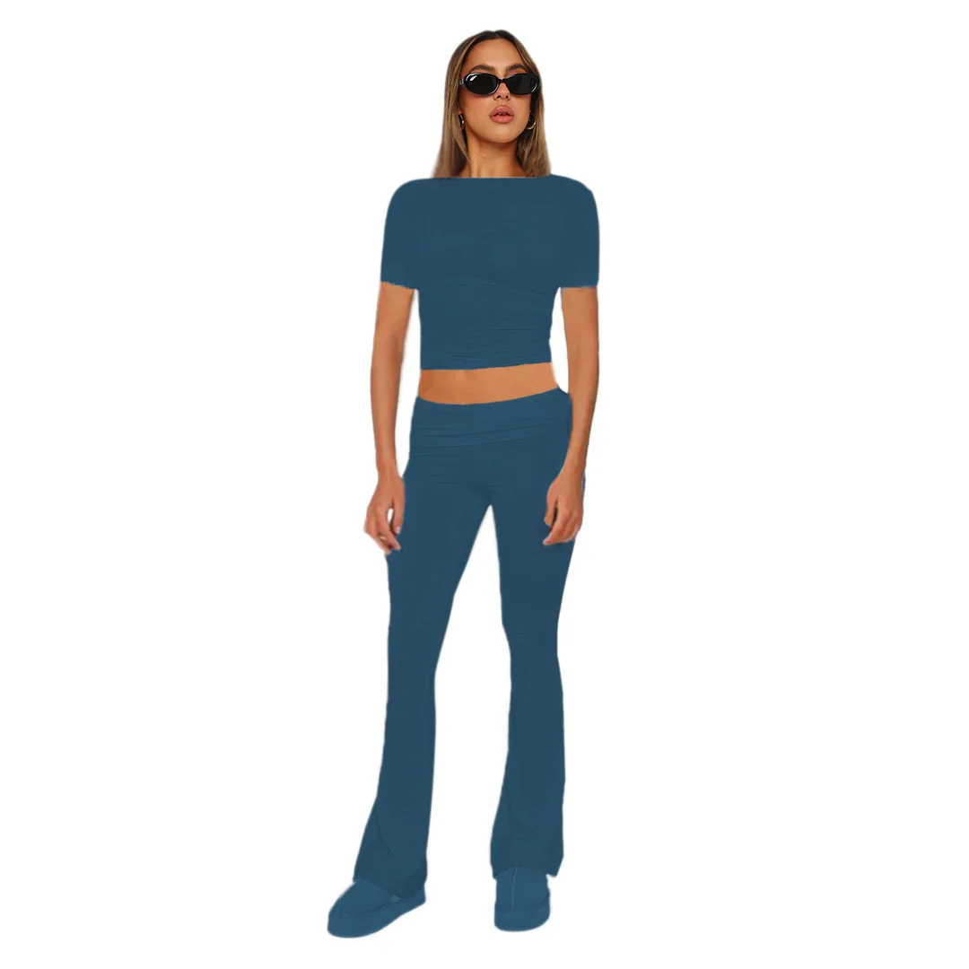 Solid Casual 2 Piece Set Women Tracksuits O-Neck Long Sleeve Slim T-shirts Crop Tops Folded High Waist Flare Pants Jogger Suits