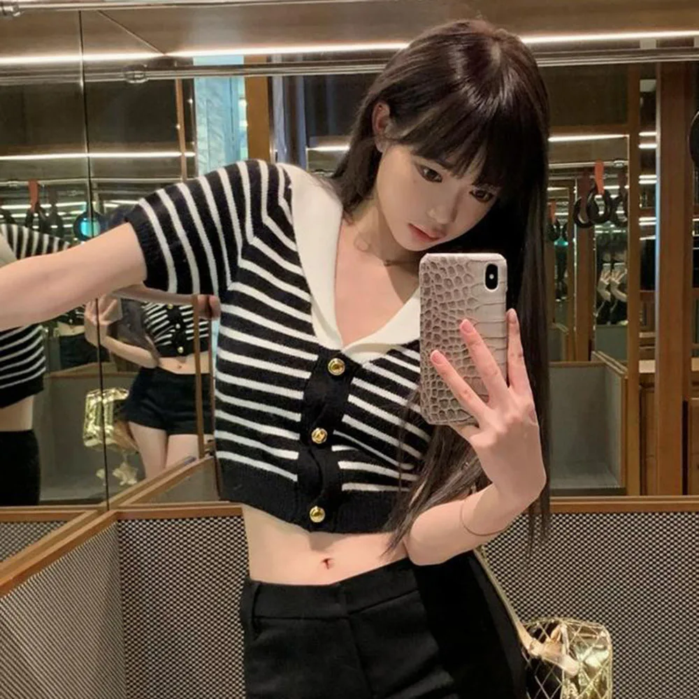 Retro Sailor Collar Women\'s Sweater Black White Stripes Knitted Short Sleeves Knitted Top For Women Spring Summer Short Pullover