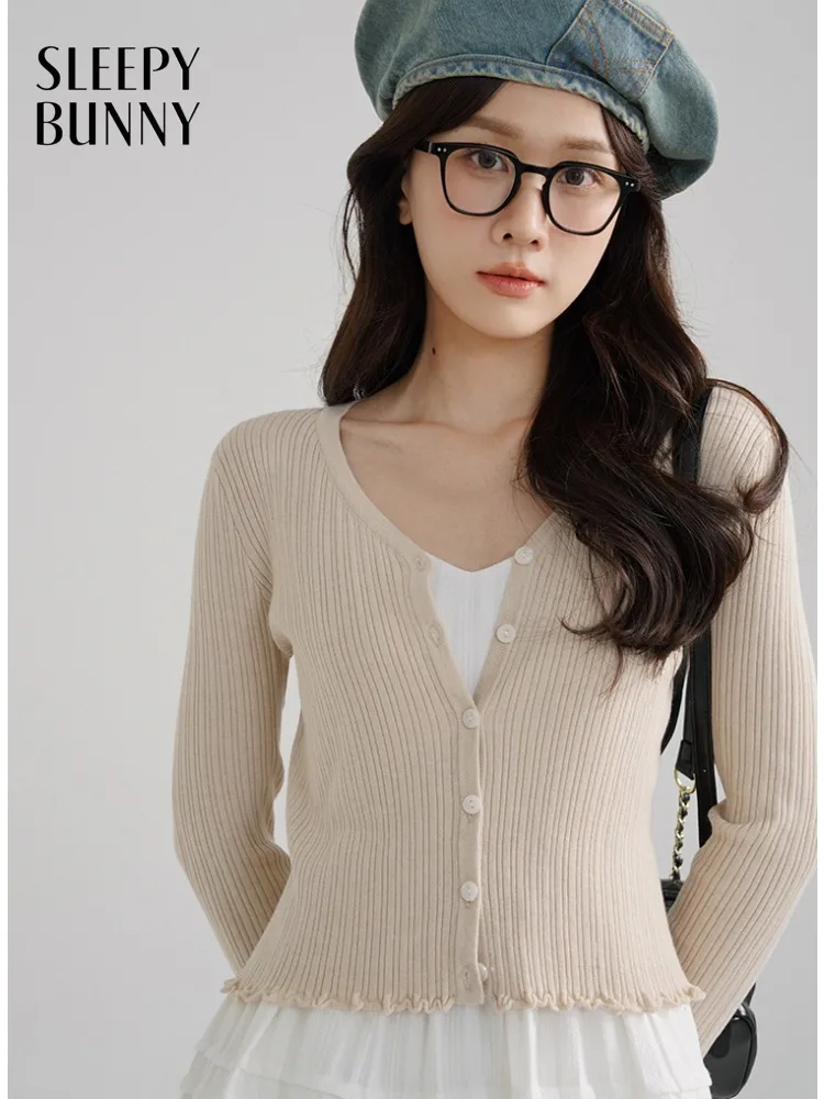 

Ruffle Trim Knit Cardigan Women Lady Slim Long Sleeve Sweater Soft Button-Up Knitwear Chic Lightweight Outerwear Daily Layering