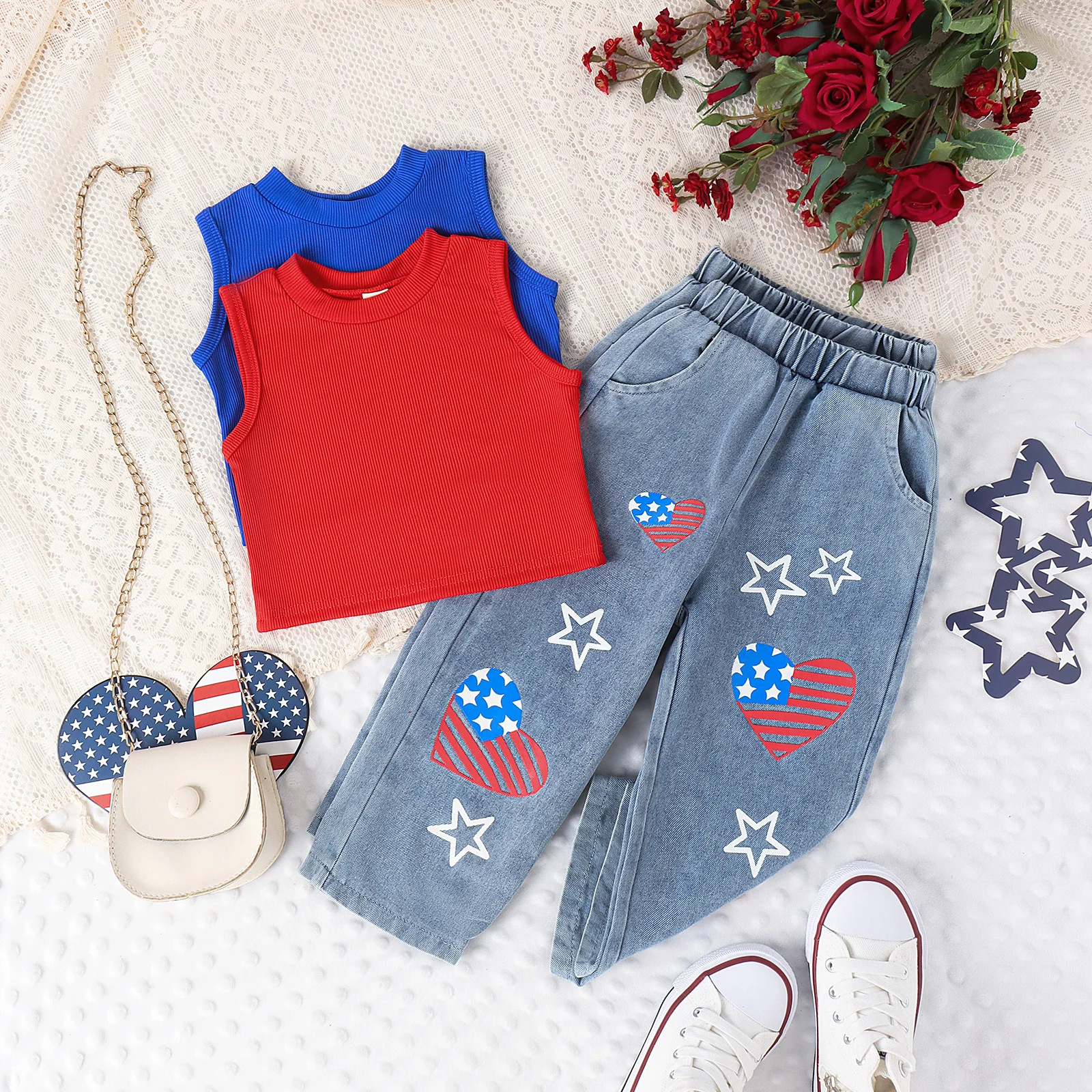 

2PCS Summer 0-5 Years Old Trend Fashion Good Looking Kids Universal Comfortable Soft Sleeveless Vest + Denim Pants