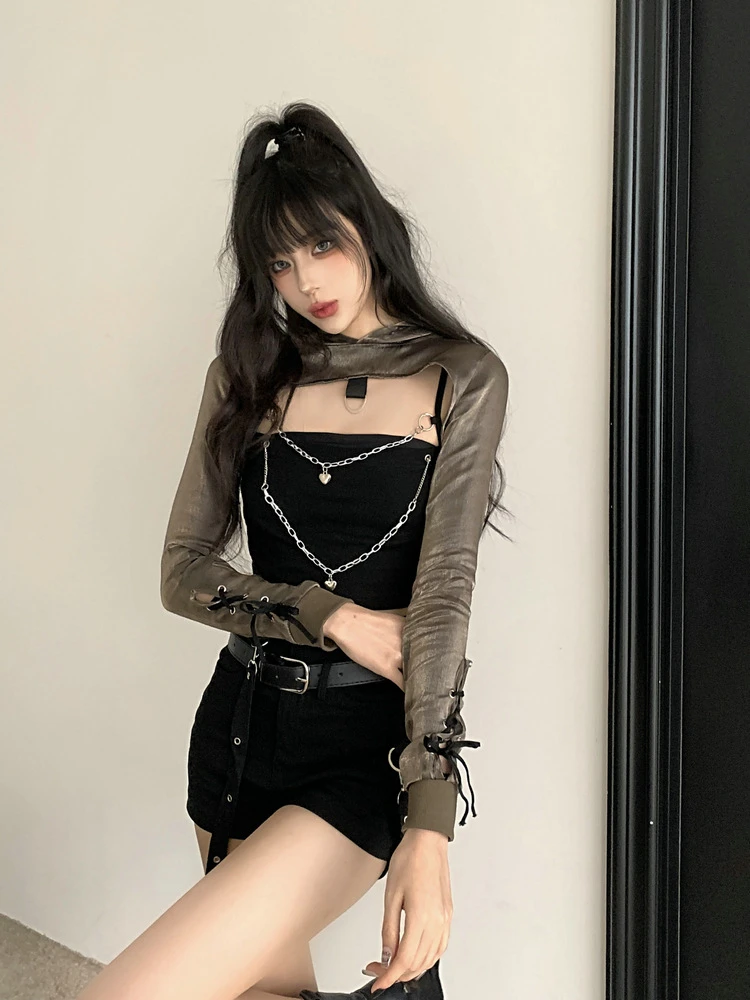 Two Pieces Set Y2k Aesthetic Gold Long Sleeve Hooded Streetwear Summer Coat Bandage Top + Black Sexy Harajuku Cropped Tops Women