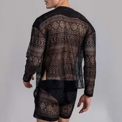 ropa hombre Autumn 1 Set Men Top Shorts Hollow Out Solid Color Lace See Through Outfit for Wedding Night Mens Two Piece Suits