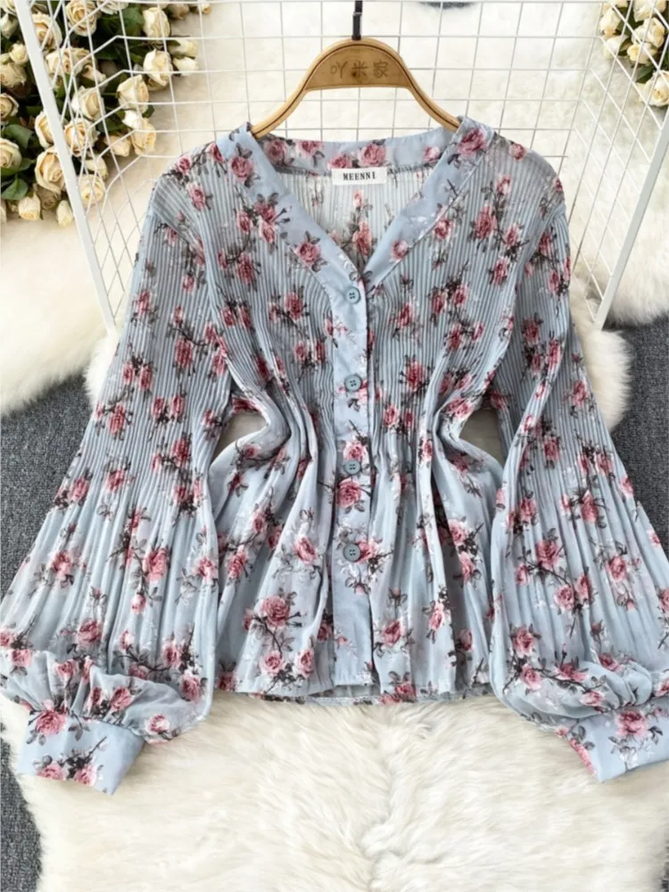 Fashion Elegant Floral Chiffon Shirt Tops for Women Vintage Sexy Casual Pleated Lantern Long Sleeve Blouses Female Party Blusa