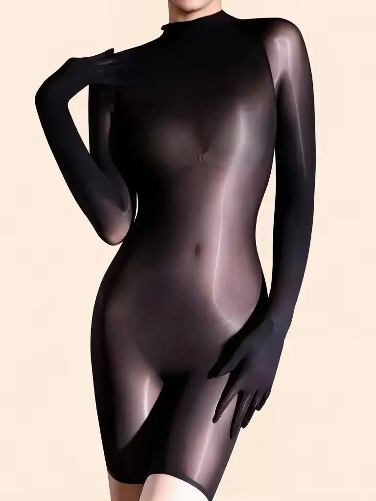 Sexy Women 5D 912 Pin Thin Bodysuit Sheer See Through Elastic Yoga Shaping Tights Glove Sleeve Home Jumpsuit Maid Leotard