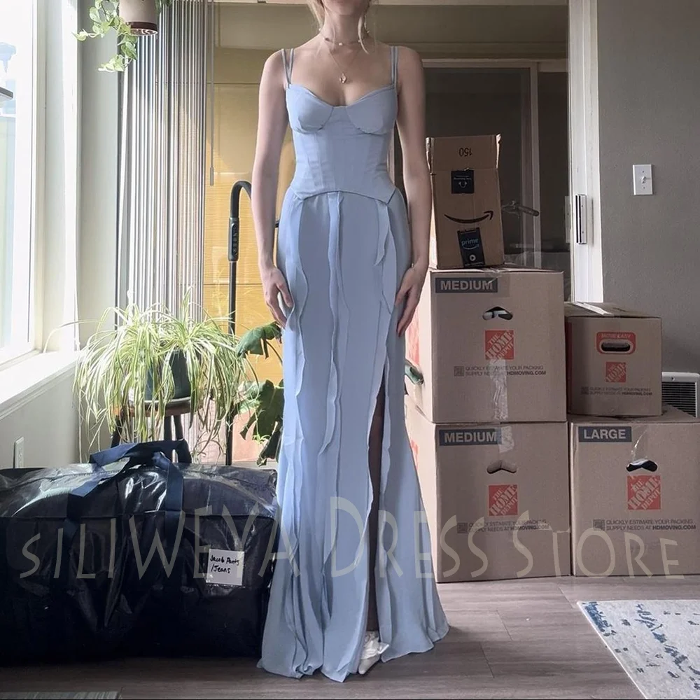 Robe de soirée Simple bleu clair, style sirène, fente latérale, Chic, bretelles Spaghetti, froncée, élégante, mode, robe de soirée formelle