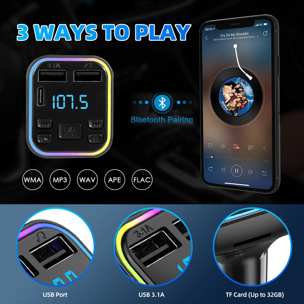 Car Bluetooth 5.0 FM Transmitter PD Type-C Dual USB 3.1A Fast Charger Colorful Ambient Light Handsfree MP3 Modulator Player