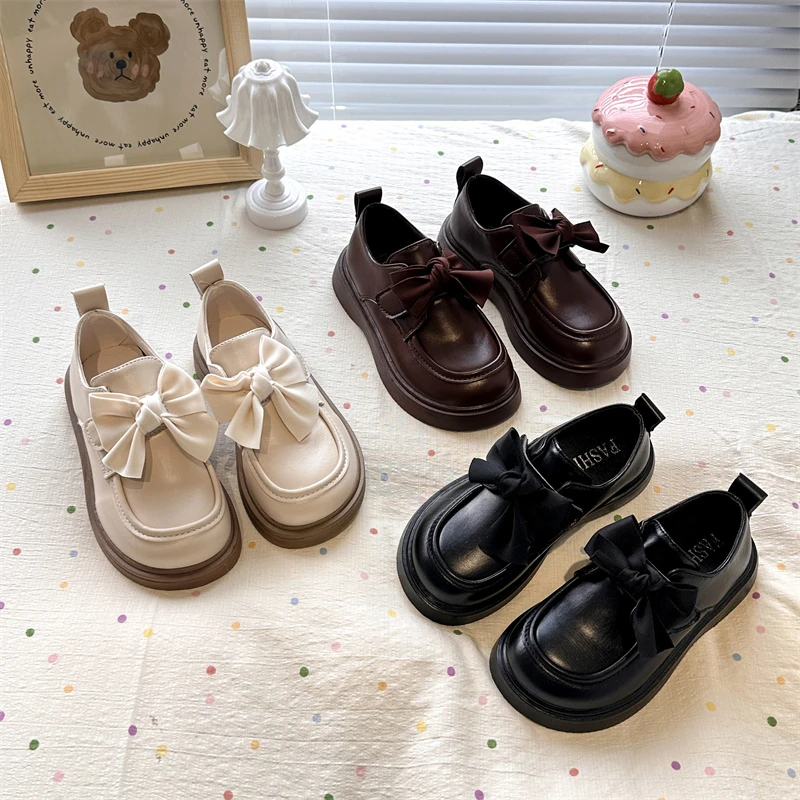 

Big Bow-knot Kids Oxfords 2025 Spring Autumn Girls Soft PU Leather Shoes Party School Casual Shoes For Girl Brown, Black, Beige
