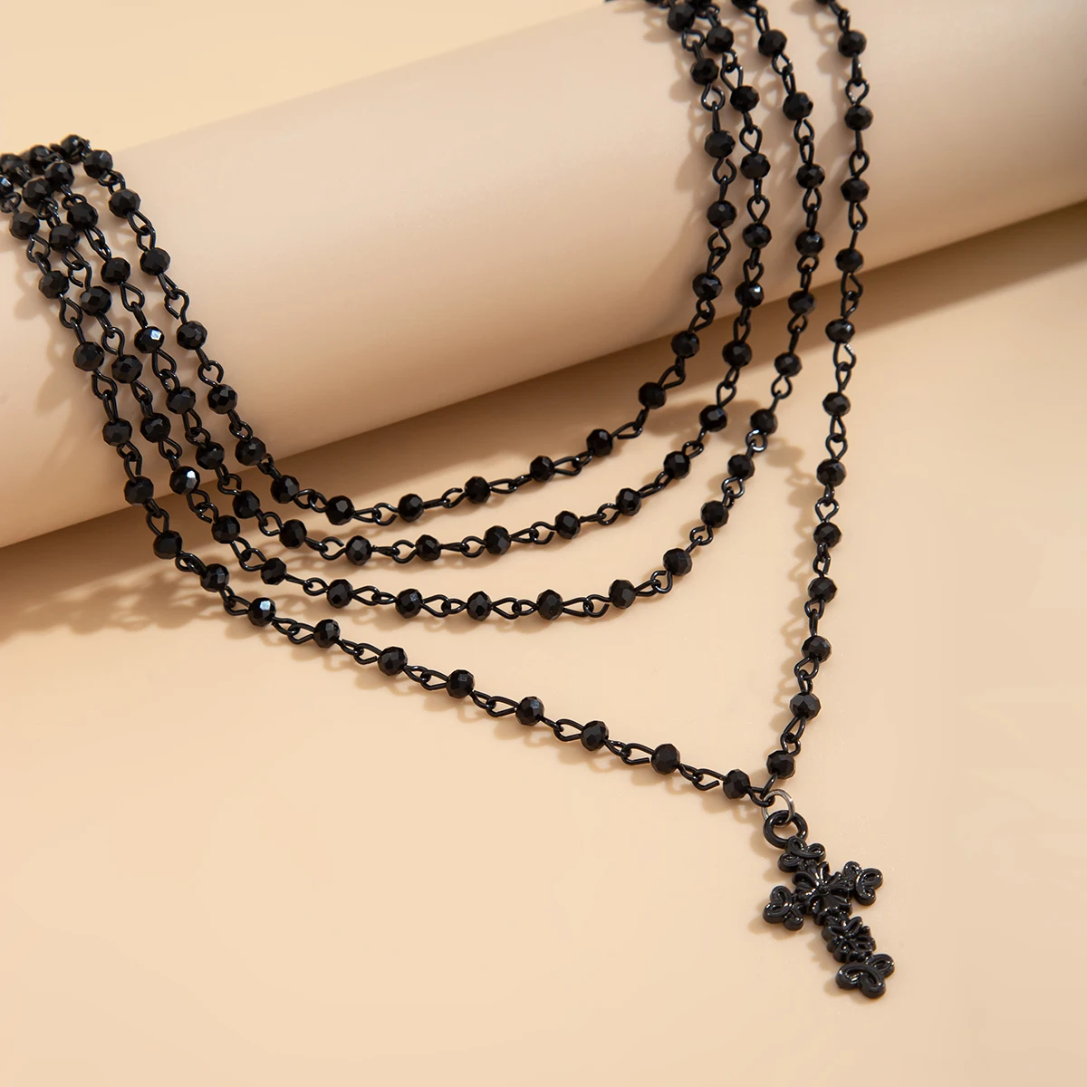 KunJoe Gothic Jesus Big Cross Pendant Necklace for Women Vintage Multilayer Black Bead Chain Necklace Y2K Accessories Jewelry