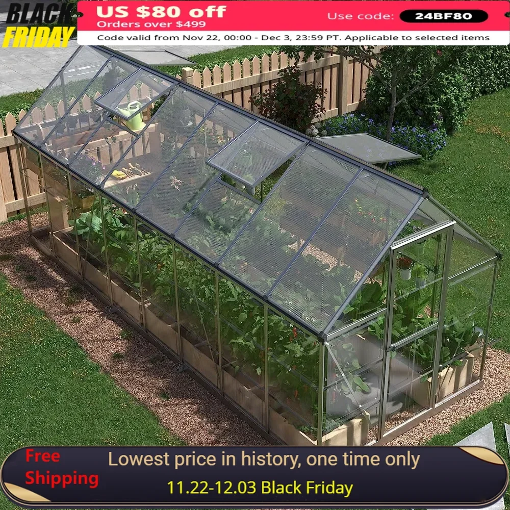 

6x16 FT Garden Greenhouses, Polycarbonate Greenhouse with Hinged Door and 4 Vent Windows, Walk-in Garden Greenhouses