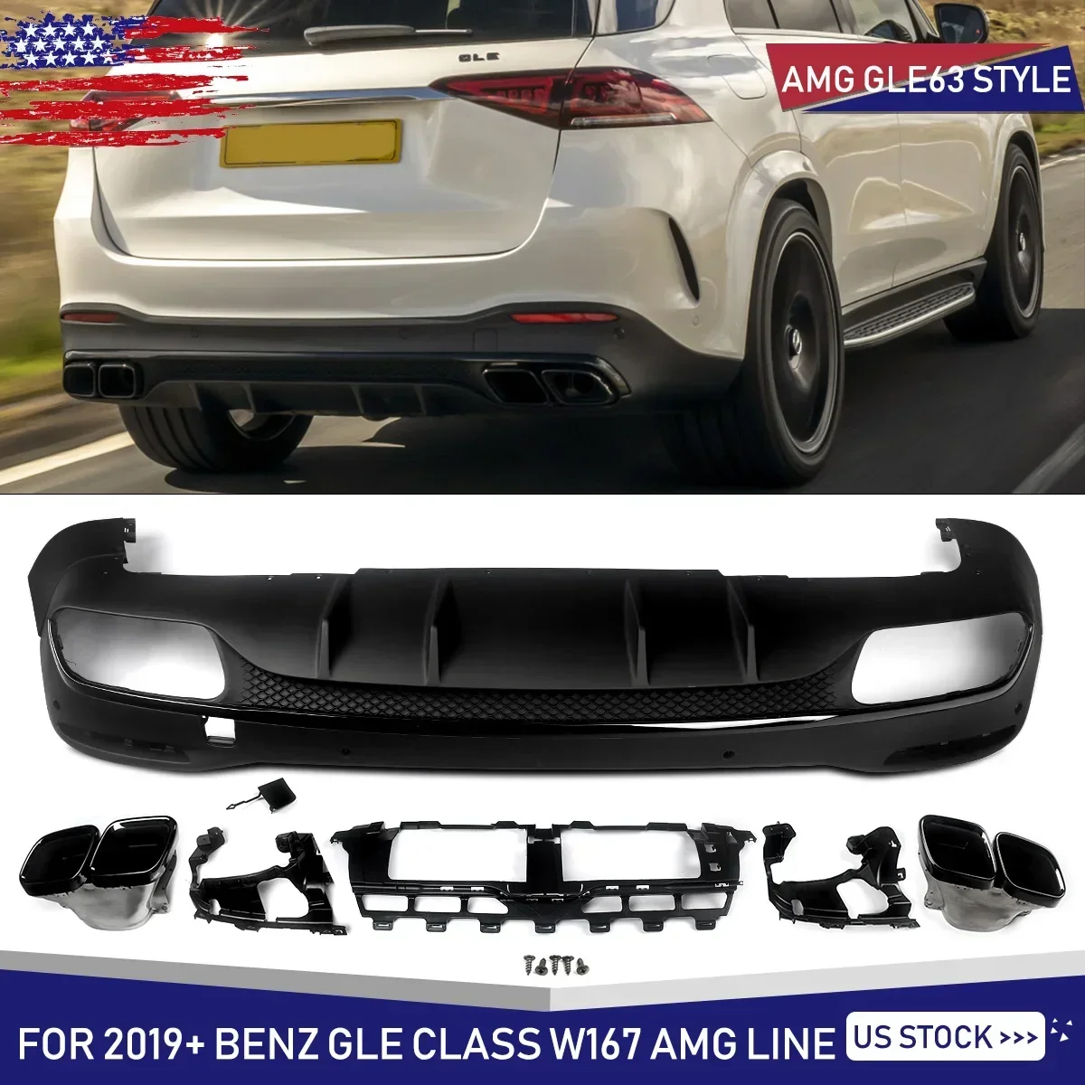 GLE63/53 Look Rear Bumper Diffuser for Mercedes Benz W167 AMG Style Rear Diffuser+Tailpipes 2020+ Glossly Black