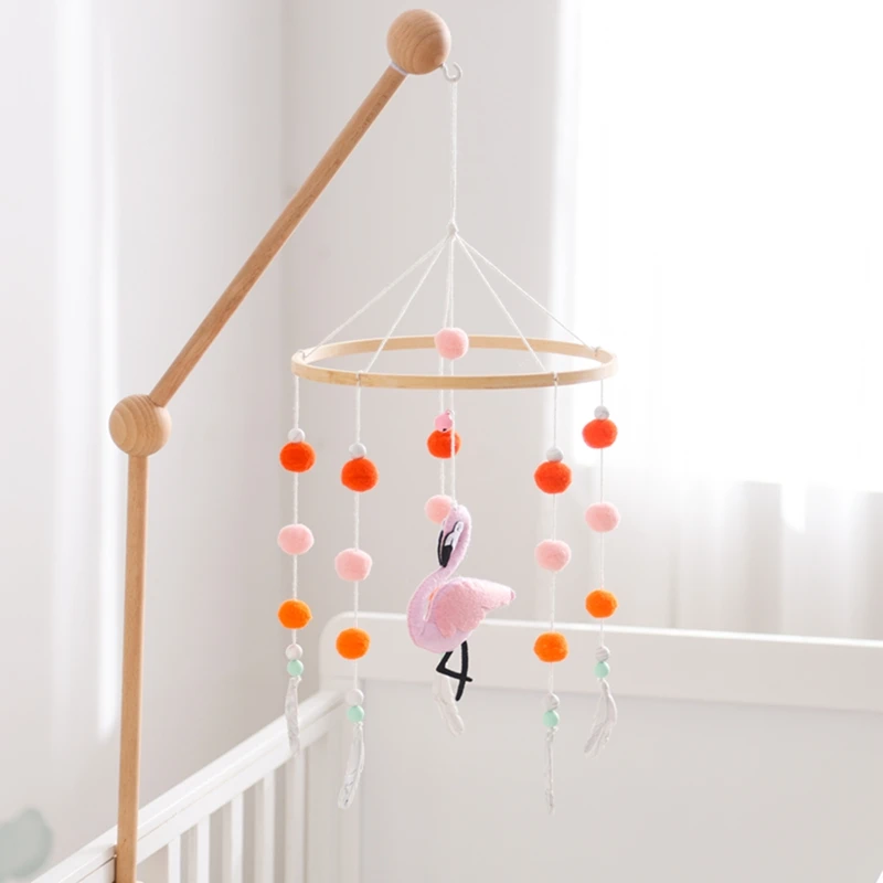 Baby Wooden Mobile Bed Bell Rattle Toys Soft Felt Flamingo Plush Ball Bed Bell Crib Musical Rattle Toys Newborn Bed Bell Bracket