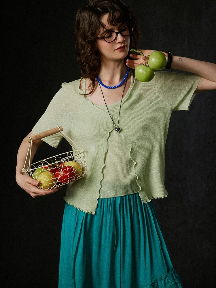 LITLECOT Green Knitted Cardigan Vest Short Sleeve Women's Two-Piece Set Summer New Style Retro Commute Slim Fit Chinese Origin view 3