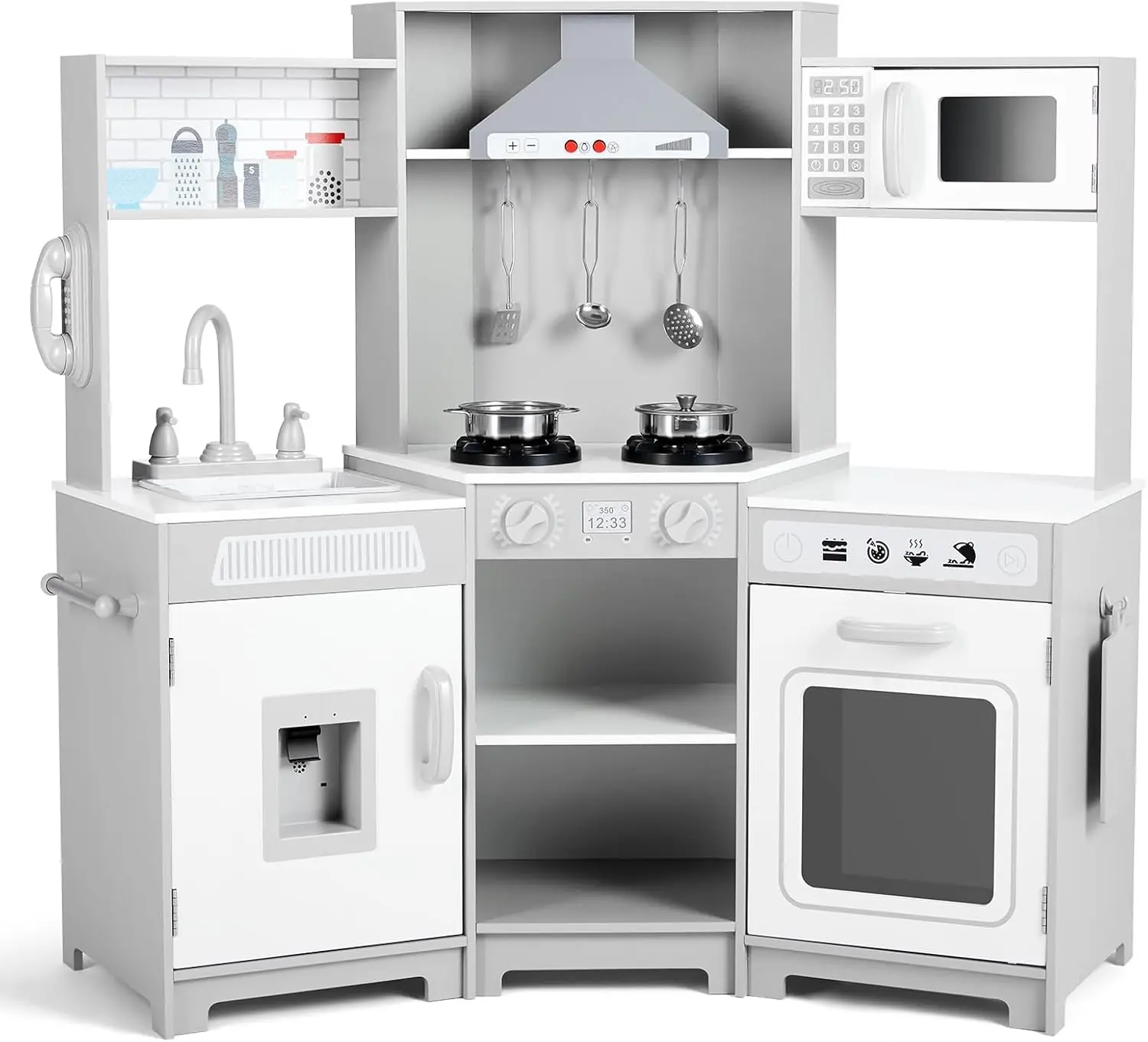 Kids Play Kitchen,Corner Wooden Pretend Toddler Kitchen Toys Playset, Realistic Lights & Sounds,Microwave Oven,Water Dispenser,