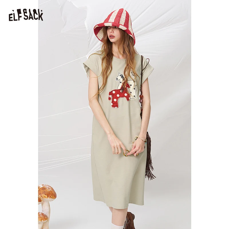 

ELFSACK Beige Polka Dot Horse Applique T-Shirt Dress, Rolled Sleeve Loose Midi Dress, Cute Retro Casual Dress for Women
