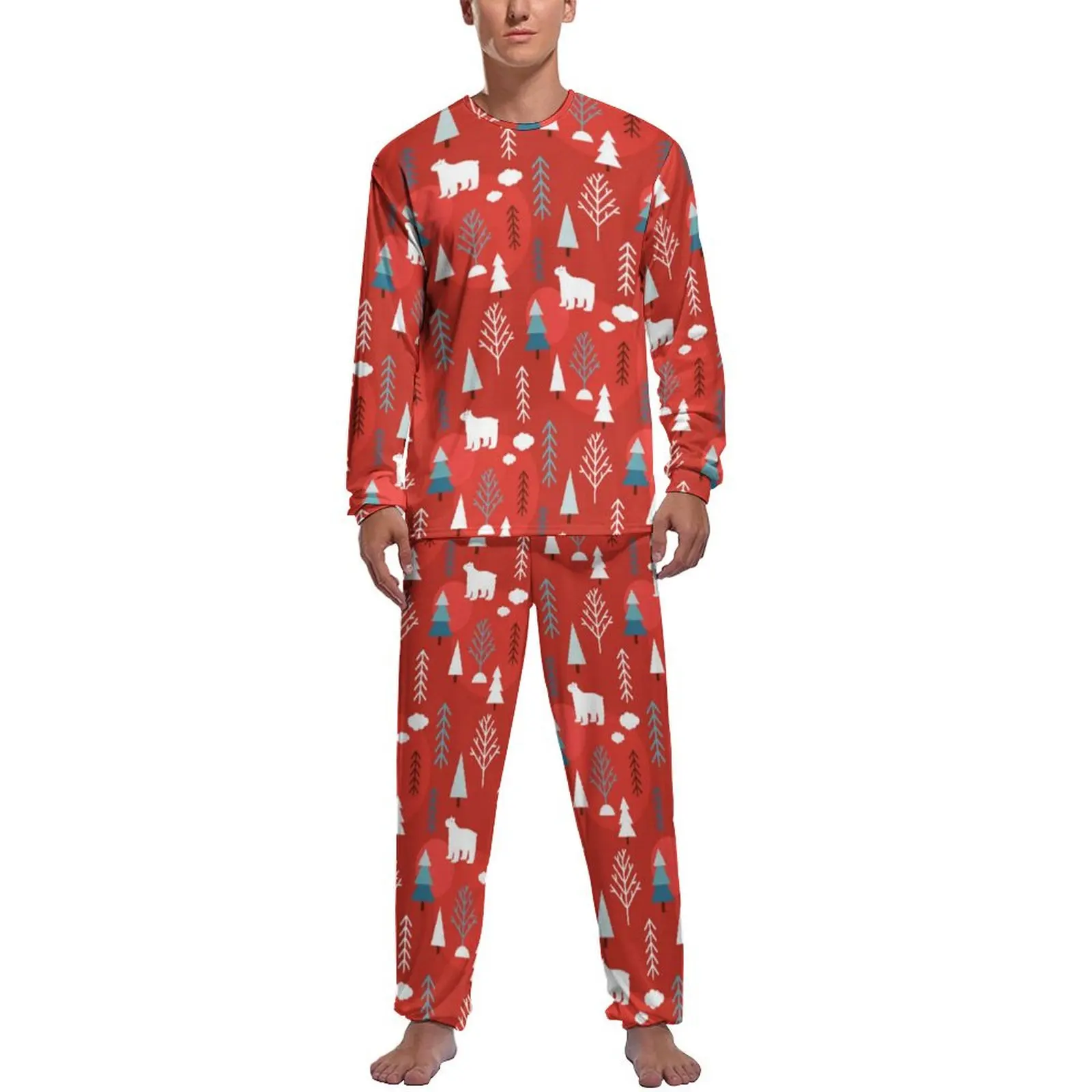 Christmas Holidays Pajamas Winter Polar Bear Male Long Sleeves Trendy Pajama Sets 2 Pieces Casual Spring Pattern Nightwear Gift