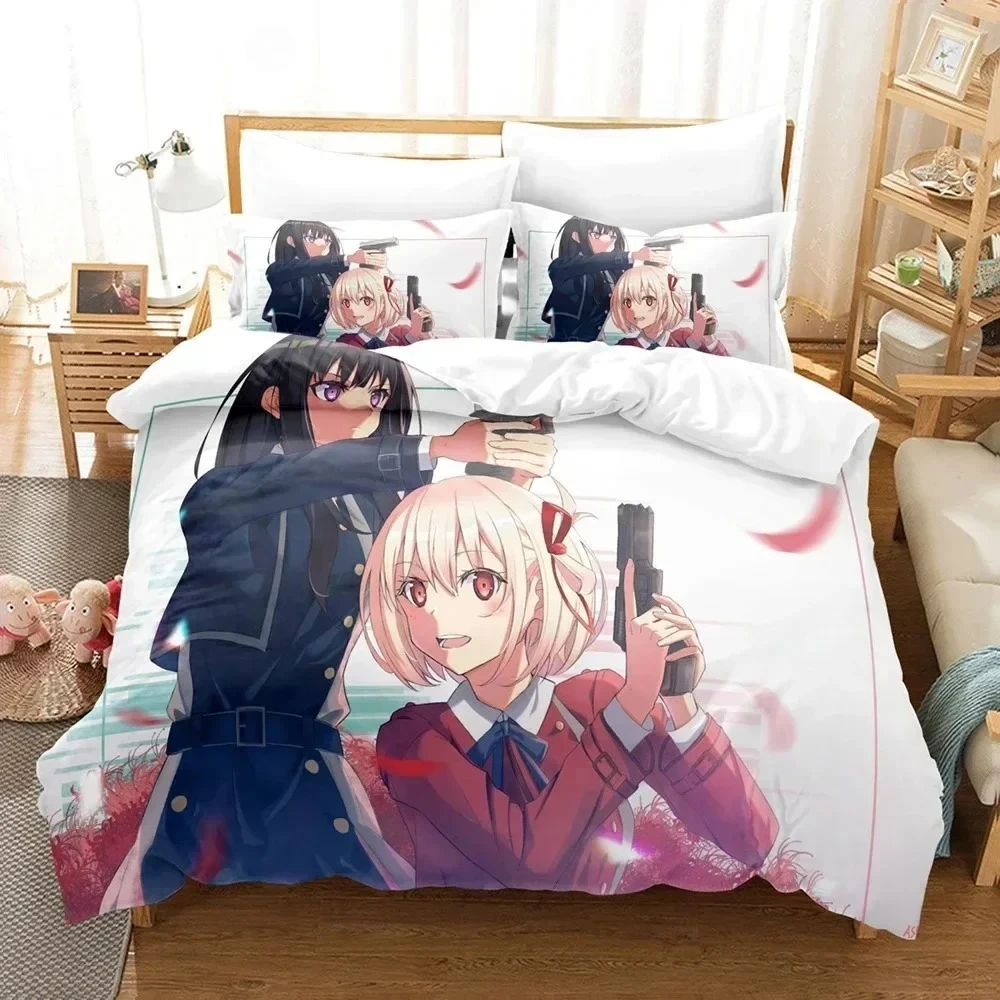 Juego de cama de Anime Lycoris Recoil en 3D, juego de cama estampado con funda de almohada, funda nórdica, individual, doble, tamaño Queen, Super King