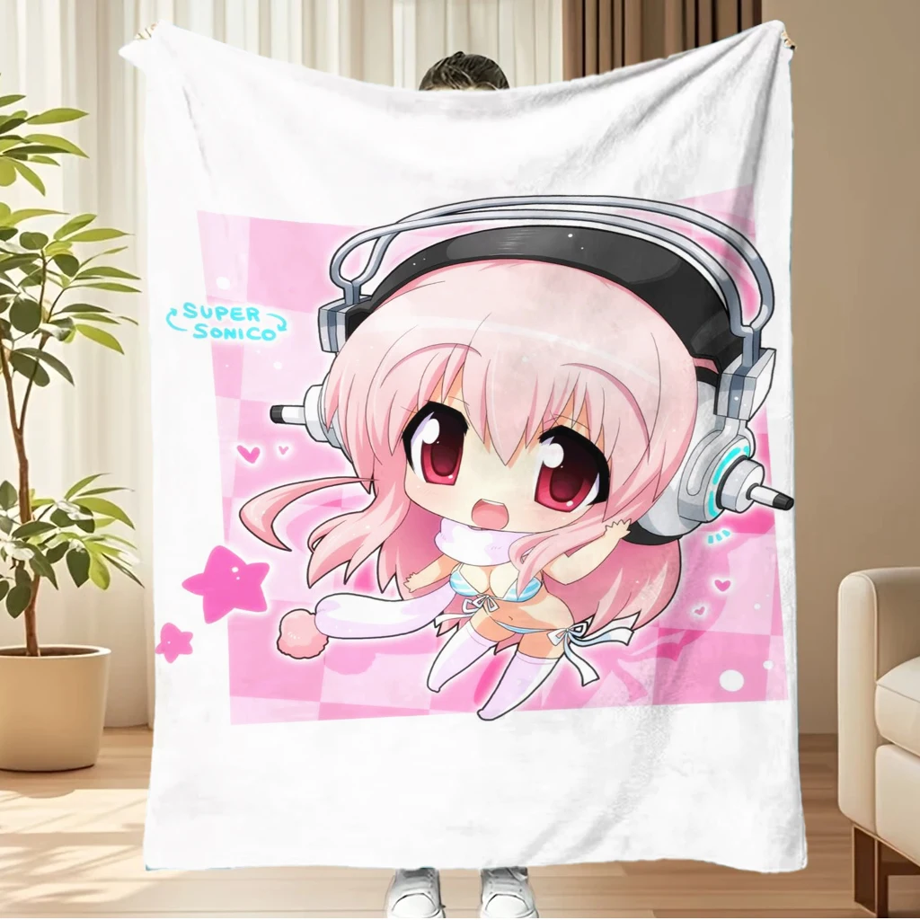 Chibi  Pink Checkerboard Background Pink Star Heart Print Soft Flannel Blanket Girls Sofa Bed Decor Anime Blanket