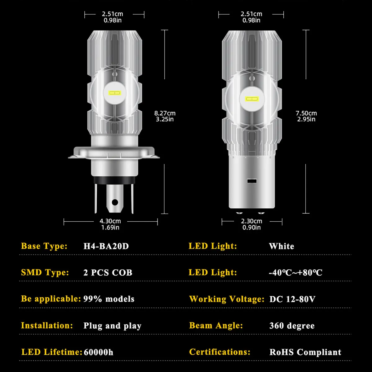 pcs H4 BA20D High Quality LED Moto H6 Motorcycle Headlight Bulbs Hi Lo Lamp White Light Scooter Accessories DC 12V 6000K