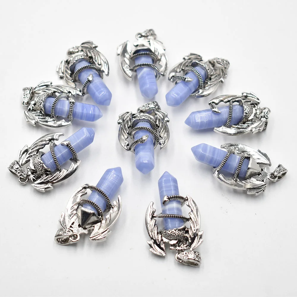 

Fashion Animal Dragon Man Necklace Healing crystal Blue stripe onyx Hexagonal Crystal Pendant Vintage Jewelry for Women 10pcs