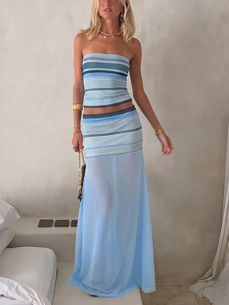 Nibber Elegant 2 Piece Set Women Striped Print Knitting Sexy Sleeveless Tank Top+Mesh Patchwork Long Skirt Party Clubwear