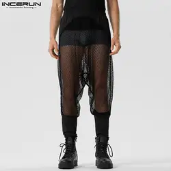 Stylish Sexy Style New Men's Pantalons INCERUN 2024 Patchwork See-tthrough Mesh Trousers Casual Perspective Elastic Pants S-5XL