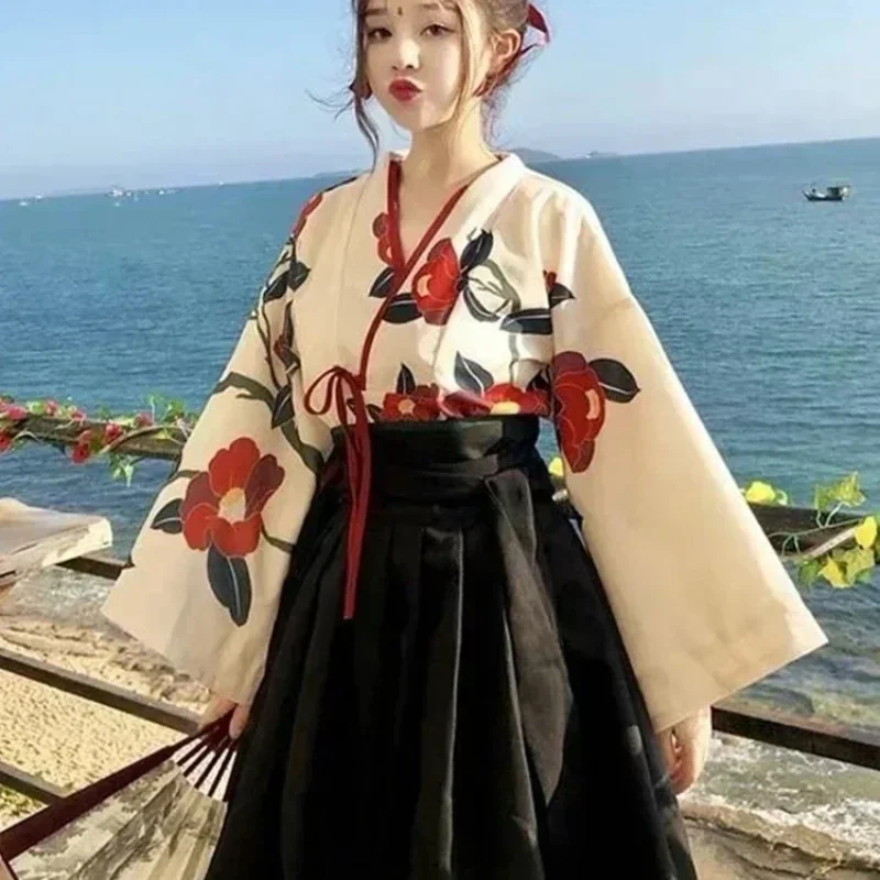 Japanese Style Floral Print Dress Long Kimono Skirt Kawaii Clothing Girls Party Robe Set Vintage Costume Asian Cosplay Women New