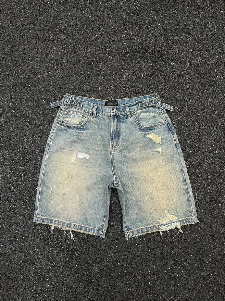 

Summer Vintage American Sle Blue Waed Denim orts Adjustable Waist Ink Splaing Aging Proc Five-Quarter Length Pants