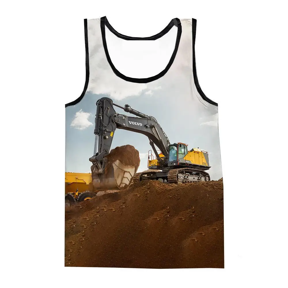 Summer Adult Men's Children's Tractor Excavator Pattern Vest Sleeveless T-shirt 3d Printing Harajuku Beach Style Thin Top