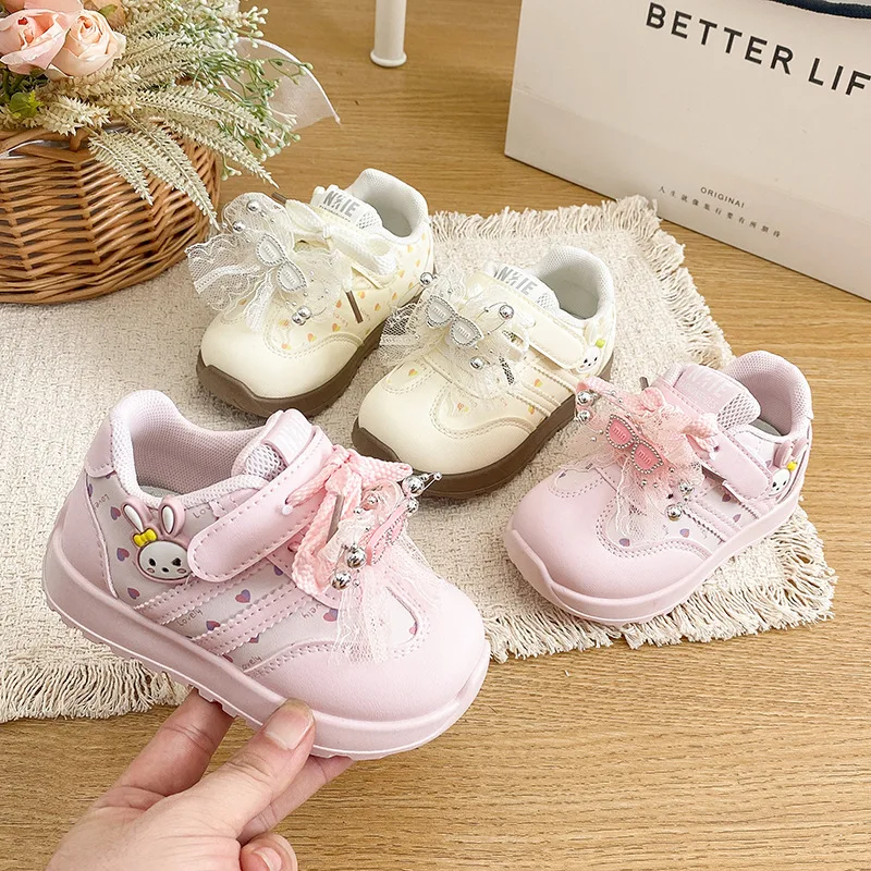 Kids'Casual Shoes PU Leather Lace Rabbit Autumn Fashion Flat Shoes For Girls Breathable Anti-slip White Pink Size 21-26