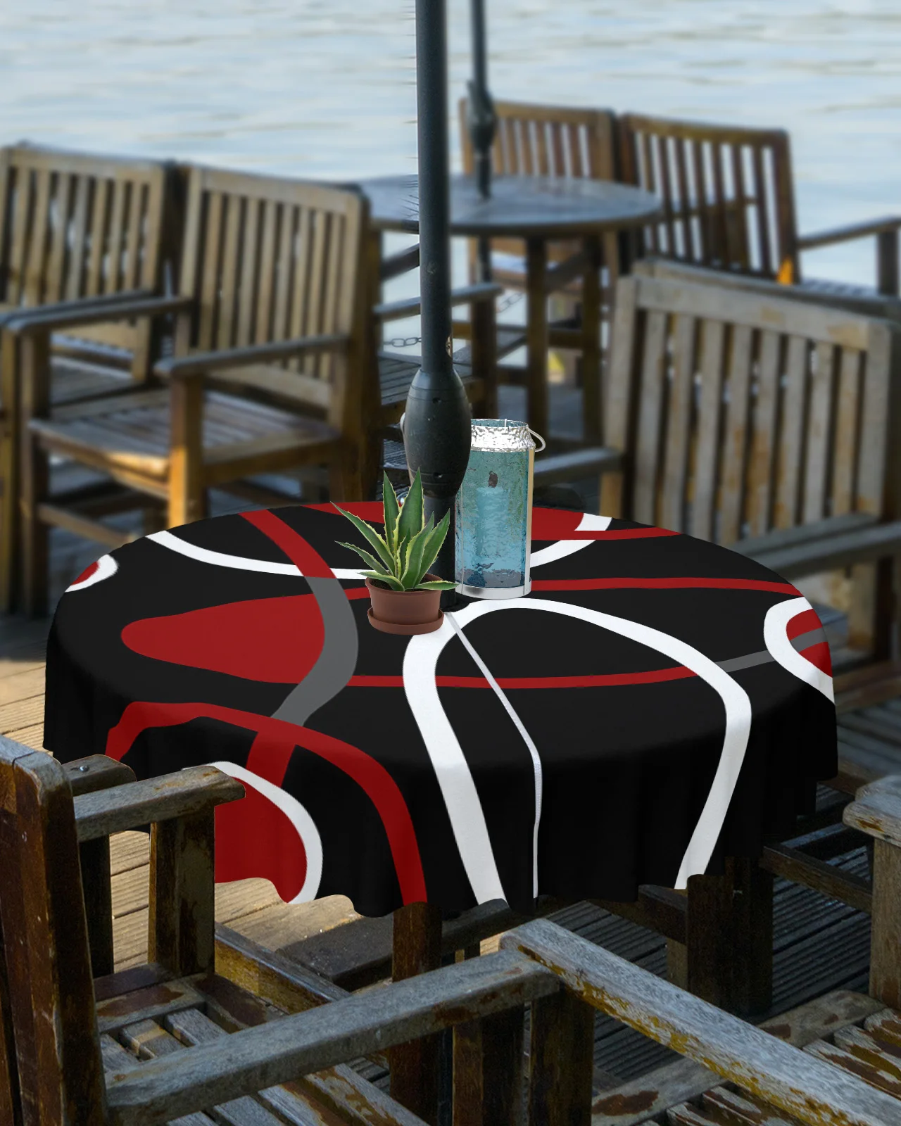 Red Black Geometric Abstract Lines Outdoor Tablecloth with Umbrella Hole Zippered Waterproof Picnic Patio Round Table Cover