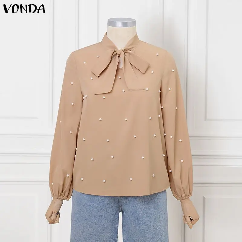 

VONDA Elegant Spring Summer Long Sleeve Women Blouses Solid Color Bow Lace-up Blusas Party OL Work Tops Oversize Streetwear