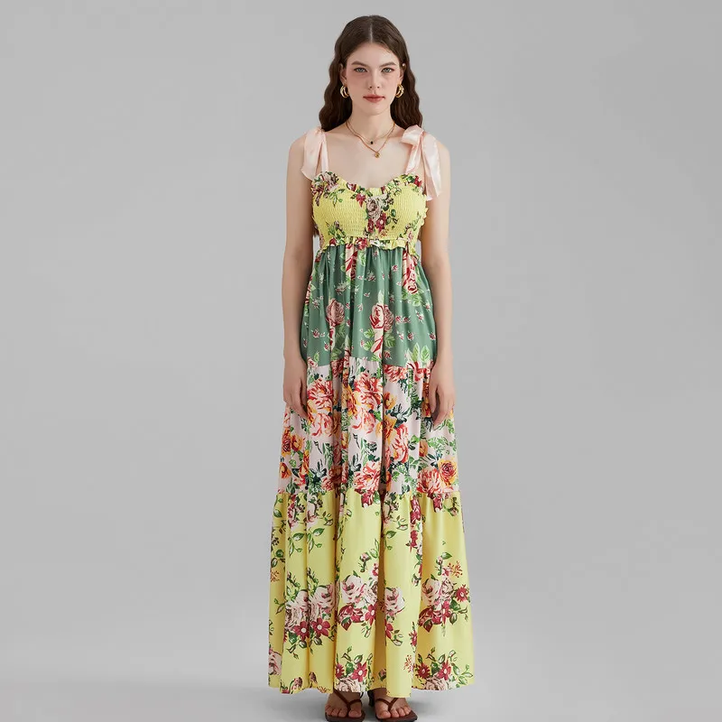 WPNAKS Women Boho canotta Dress Holiday Summer Clothes Floral Tie-Up spalline senza maniche Big Swing a-line abito lungo