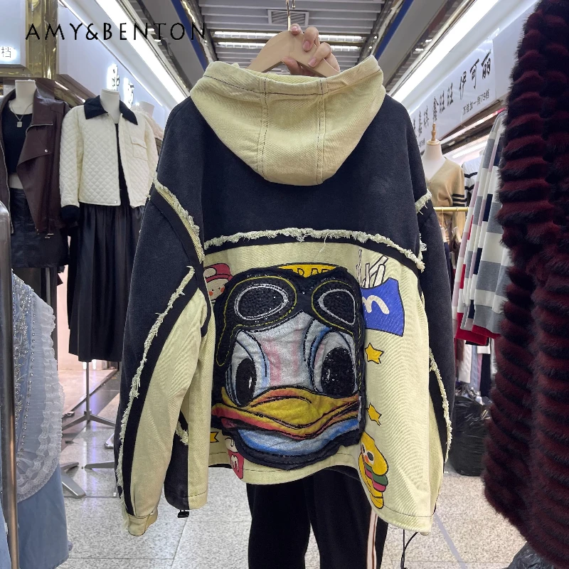

2025 Autumn New Heavy Industry Cartoon Doll Washed Vintage Hooded Cotton Jacket For Women's Loose Casual Versatile Top Jaquetas