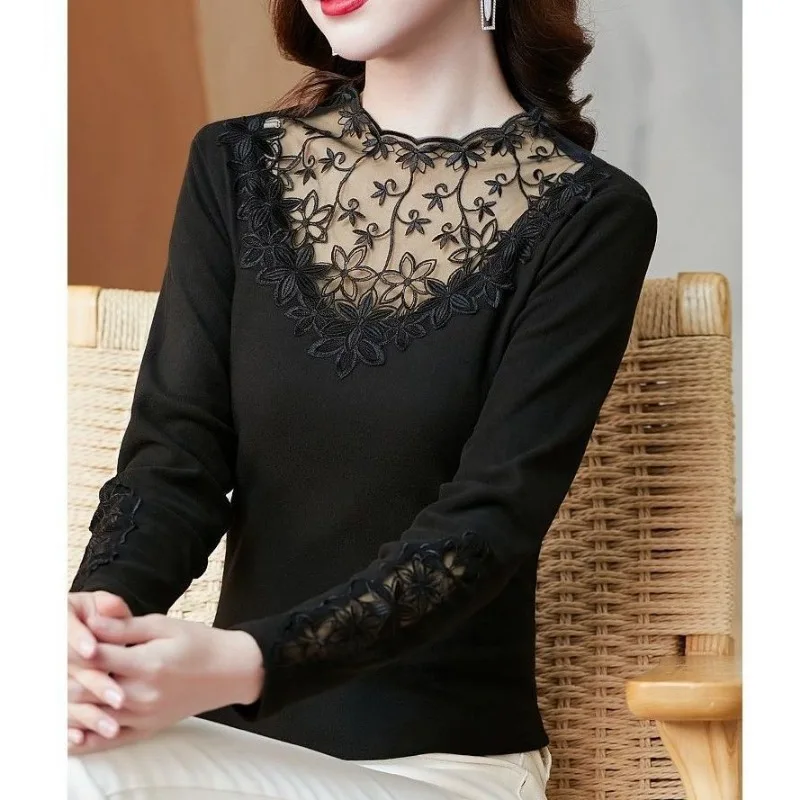 Long Sleeve Gauze Round Neck Lace T-shirt Rhinestone Spring Autumn Hollow Out Women's Clothing Plant&Flowers Solid Color Tops