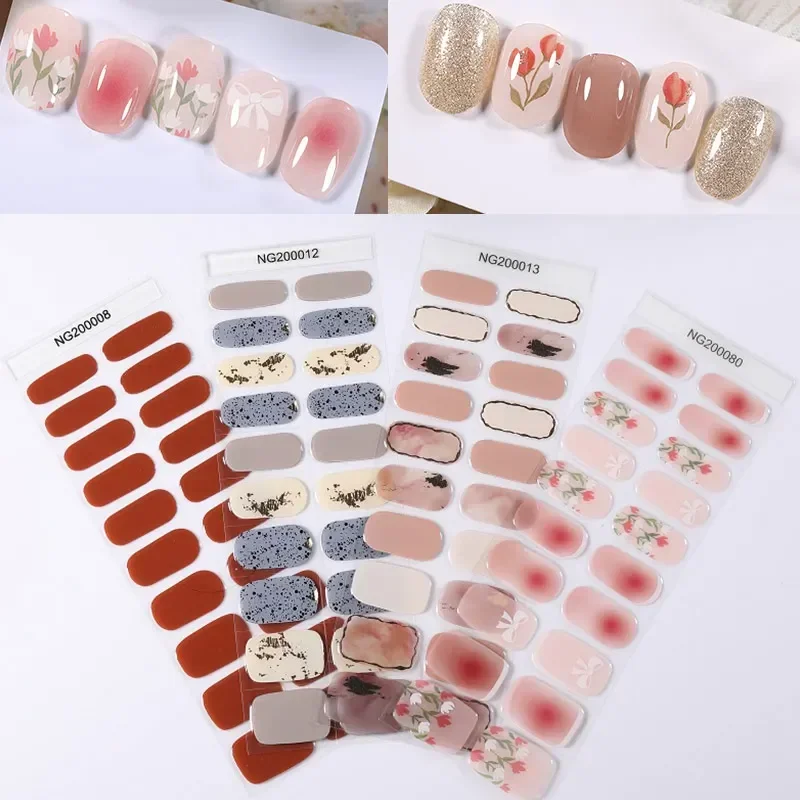 20Tips/Sheet Semi-Cured Gel Nail Patch Pink Tulip Flower Adhesive Sliders Long Lasting Full Cover Nail Stcikers UV Lamp Need