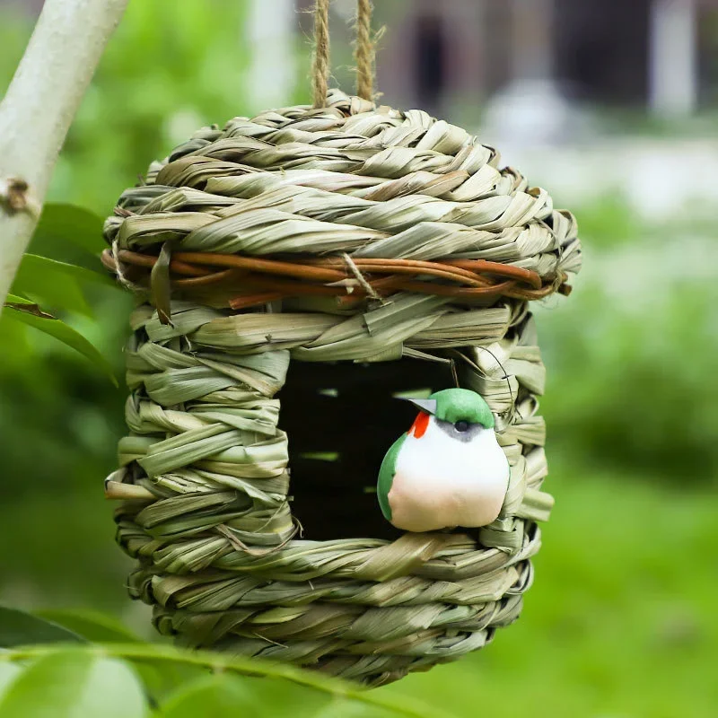 Nido de Pájaro de paja Natural exterior, nido de asado tejido a mano, cabaña para decoración de jardín, casa de colibrí, jaula pequeña para mascotas, hámster