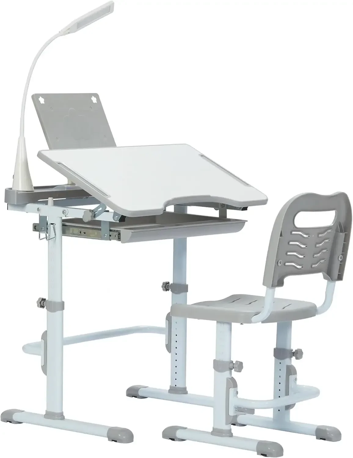 

Kids Desk and Chair Set, Children's Multifunctional School Tables with Tilt Desktop, LED Light, Metal Hook Grey