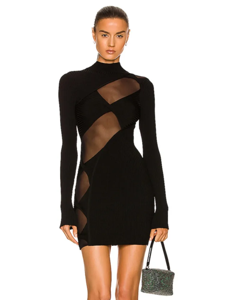 

Новинка, модное женское сексуальное кружевное Сетчатое черное Бандажное платье с длинным рукавом 2023, элегантное дизайнерское платье в стиле High Street, платье