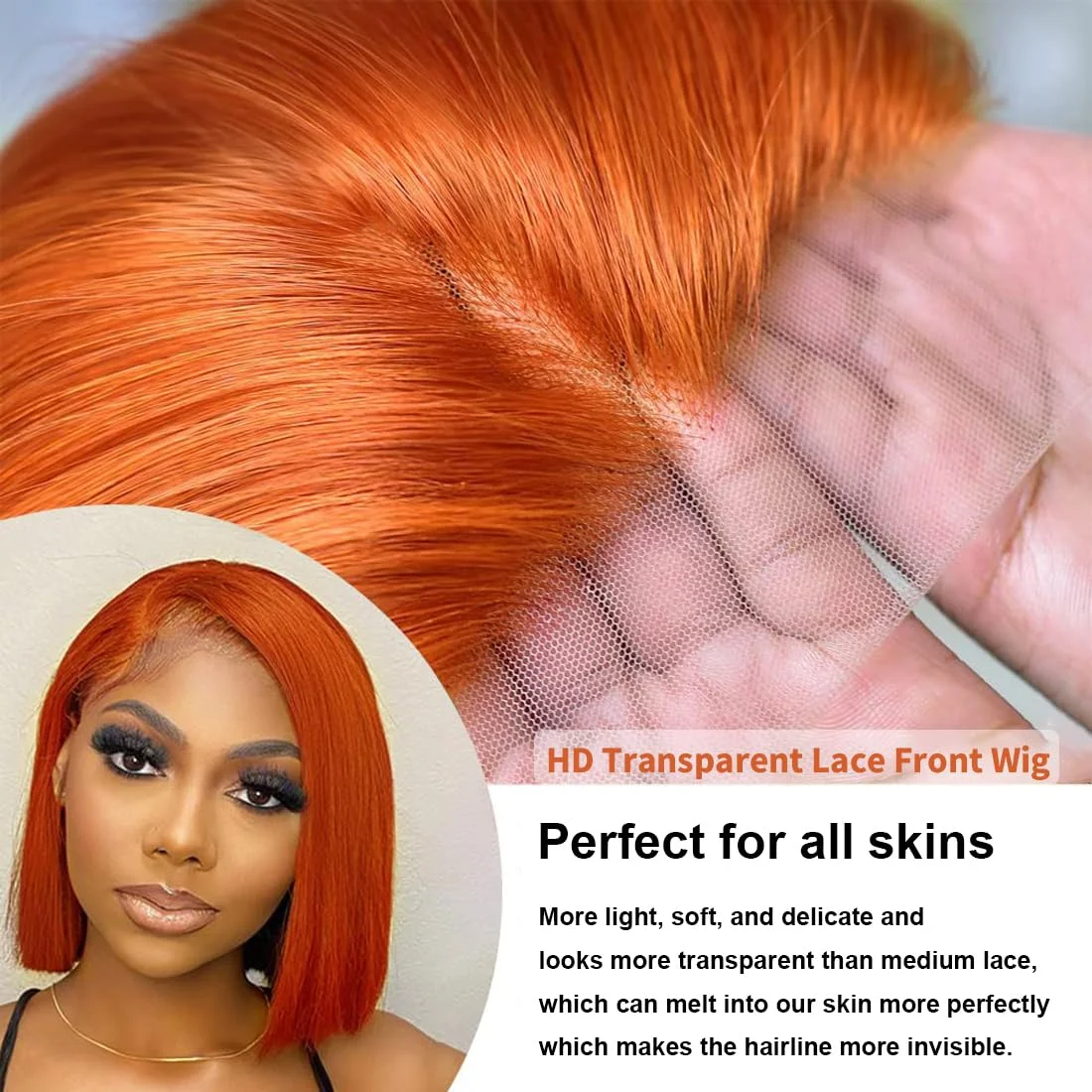 Peruca de Gengibre Curto Reto Bob, HD Lace Frontal, Perucas de Cabelo Humano, Gengibre Laranja, 350 Colorido, 5x5