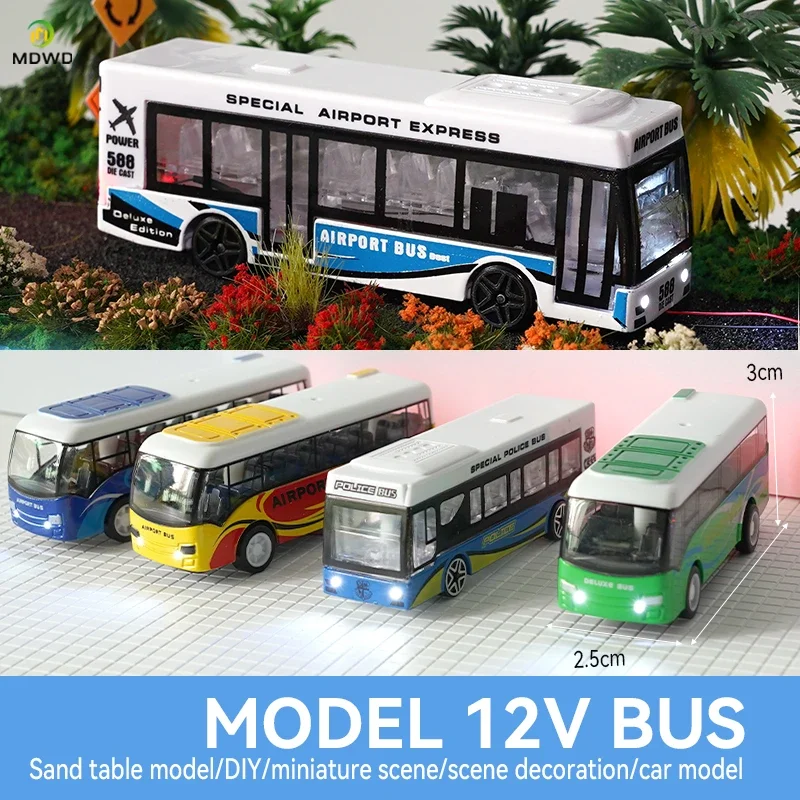 1Pcs Simulation Alloy Luminous Bus Model Diy Sand Table Street Scene Layout Materials Diorama Kits Random Color